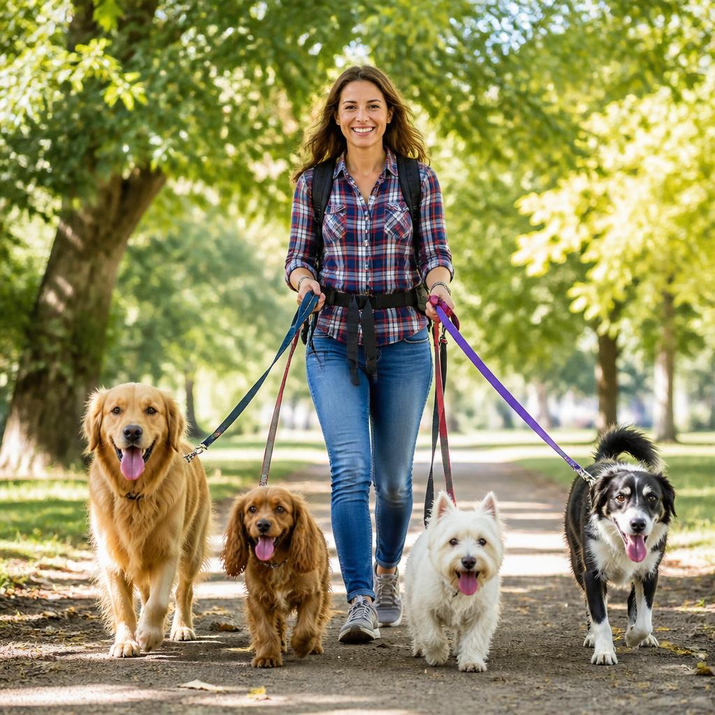 A golden retriever and small terrier on a countryside walk
